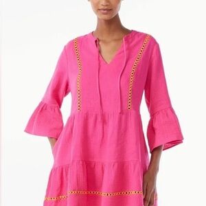 Scoop Hot Pink Midi Dress with Flared Sleeves Orange lace detail